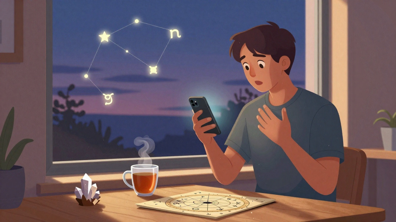 Jovem sentado à mesa a olhar para o telemóvel com cartas astrológicas e constelações iluminadas na janela.