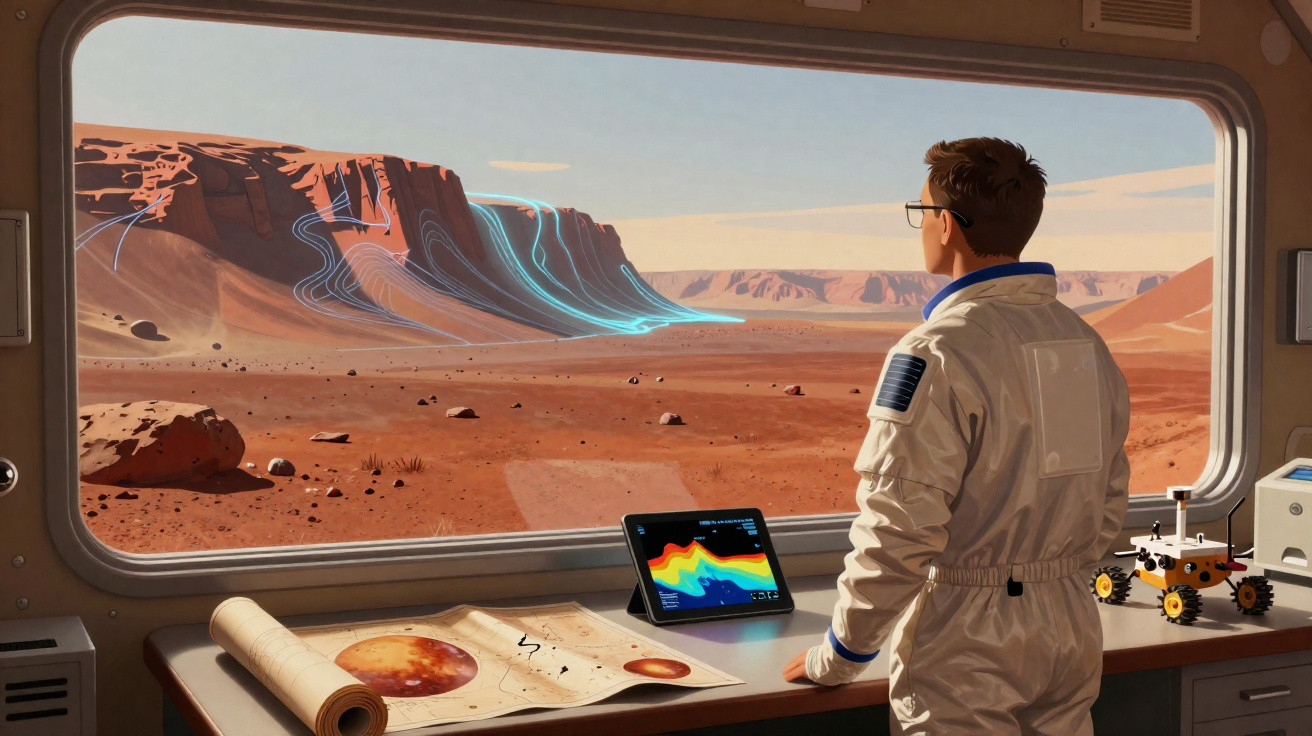Astronauta observa cânion vermelho com linhas azuis futuristas numa paisagem marciana através de uma janela.
