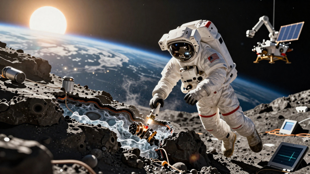Astronauta em fato espacial a realizar pesquisas na superfície da lua com Terra e sol ao fundo.