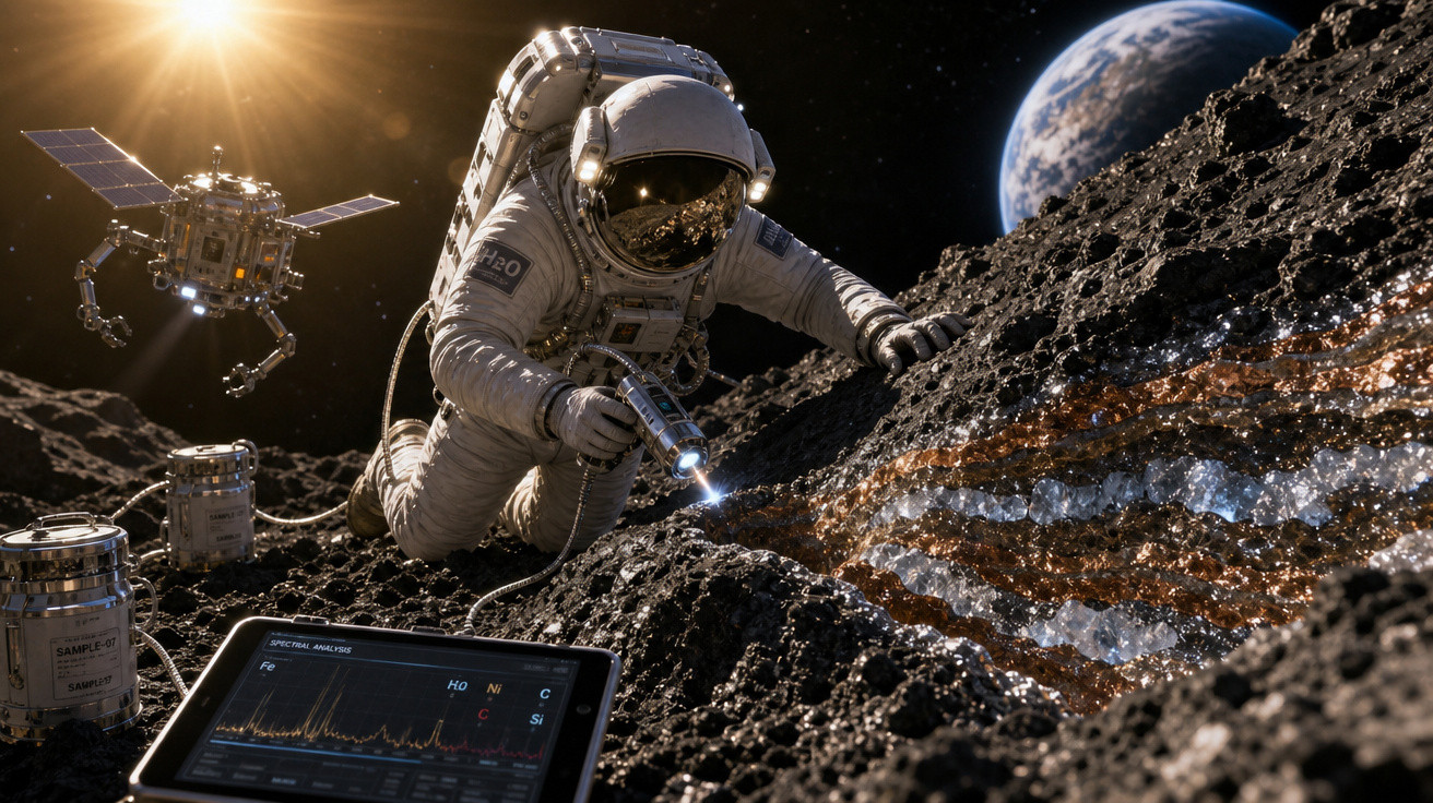 Astronauta a analisar a composição de uma rocha lunar com a Terra ao fundo e equipamento científico à volta.
