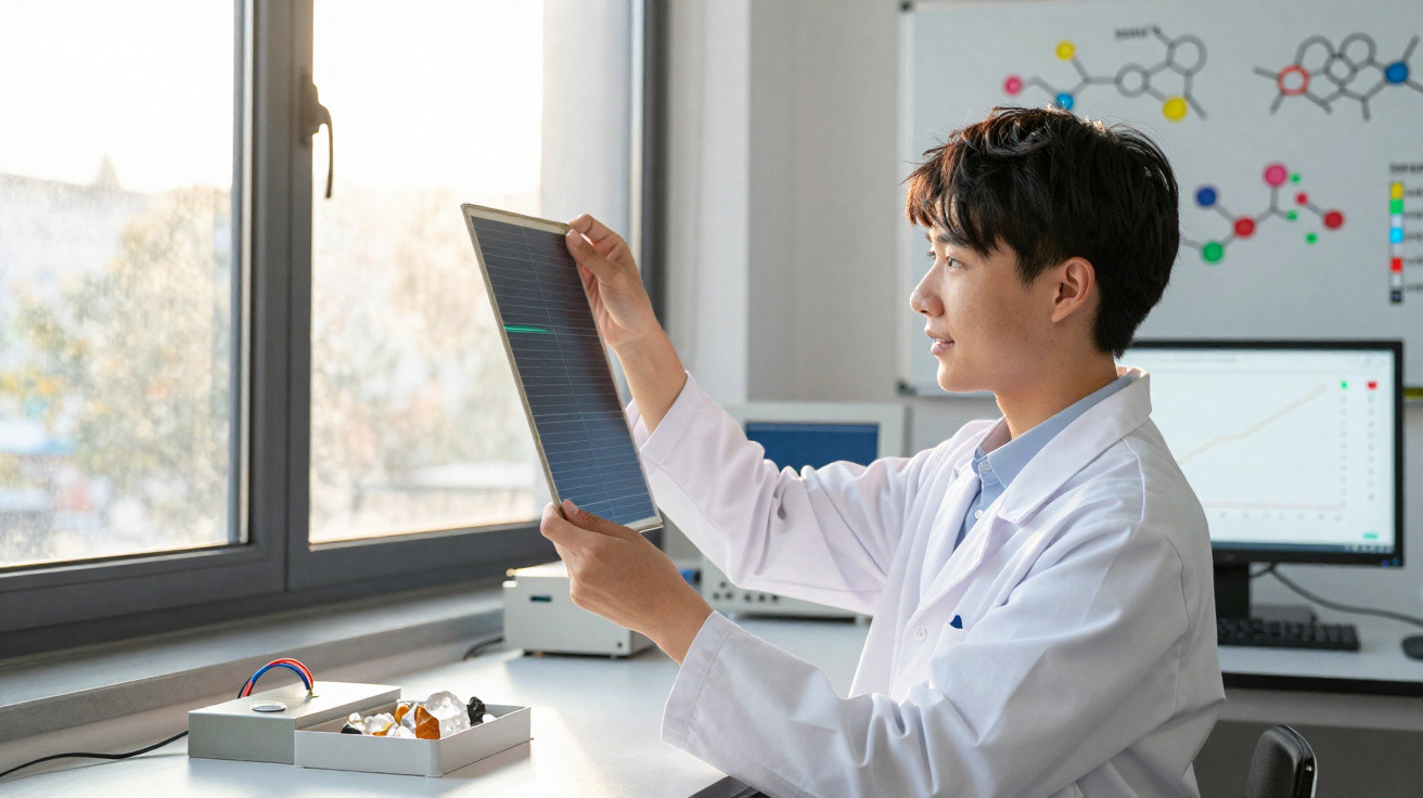 Jovem cientista em laboratório a analisar painel solar transparente junto a janela iluminada.