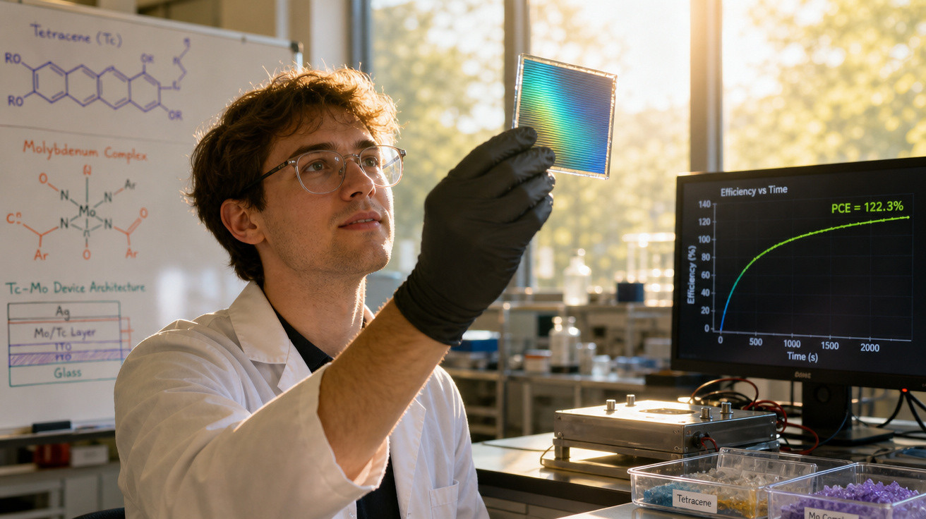 Cientista em laboratório a analisar uma célula solar com gráficos e fórmulas químicas ao fundo.