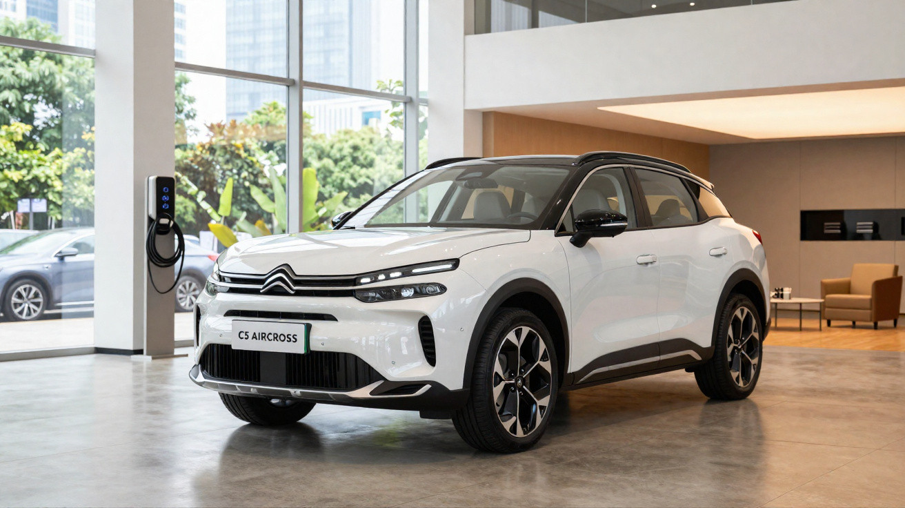 Veículo Citroën C5 Aircross branco estacionado em exposição moderna de salão automóvel.