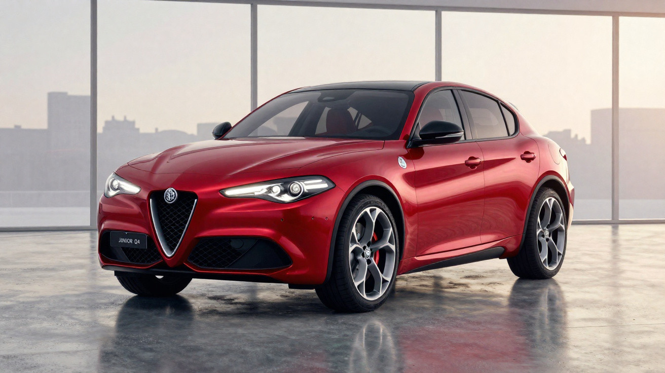 Carro desportivo Alfa Romeo Giulia vermelho, estacionado em interior com janelas grandes e luz natural.