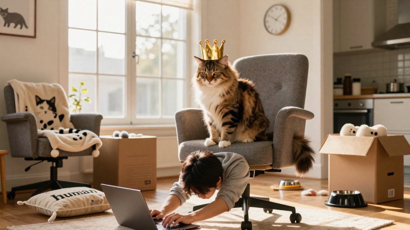Gato com coroa sentado numa cadeira de escritório, enquanto pessoa curvada no chão usa portátil numa sala iluminada.