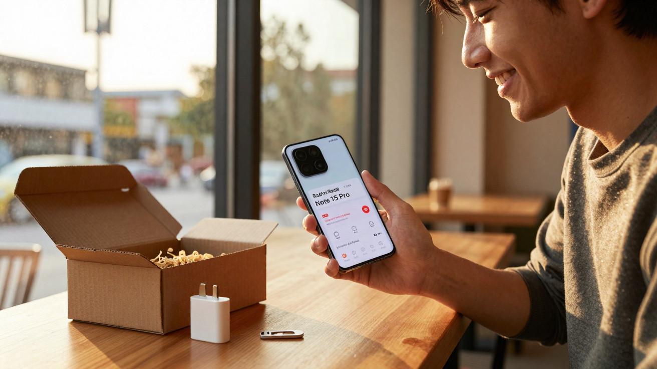 Homem sorridente a segurar um smartphone com a marca Redmi Note 15 Pro numa sala com luz natural.