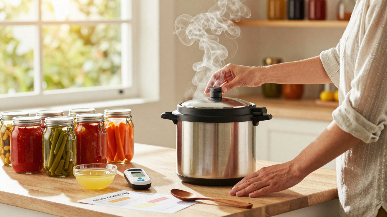 Pessoa a levantar a tampa de panela de pressão a vapor numa cozinha com frascos de compotas ao fundo.
