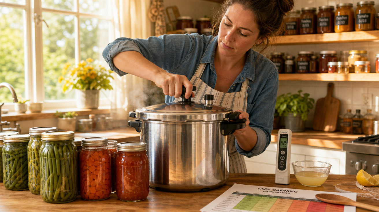 Mulher a abrir panela de pressão na cozinha com frascos de alimentos conservados ao lado.