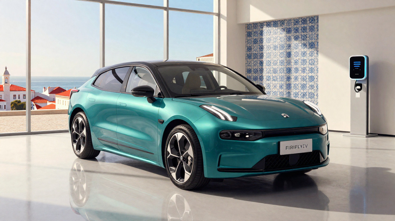 Carro elétrico verde com linhas modernas estacionado em garagem com carregador e vista de edifícios e mar ao fundo.