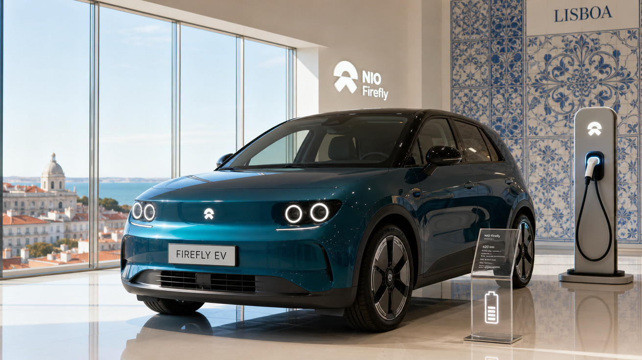 Carro elétrico NIO Firefly EV azul exposto em showroom com vista para Lisboa e estação de carregamento.