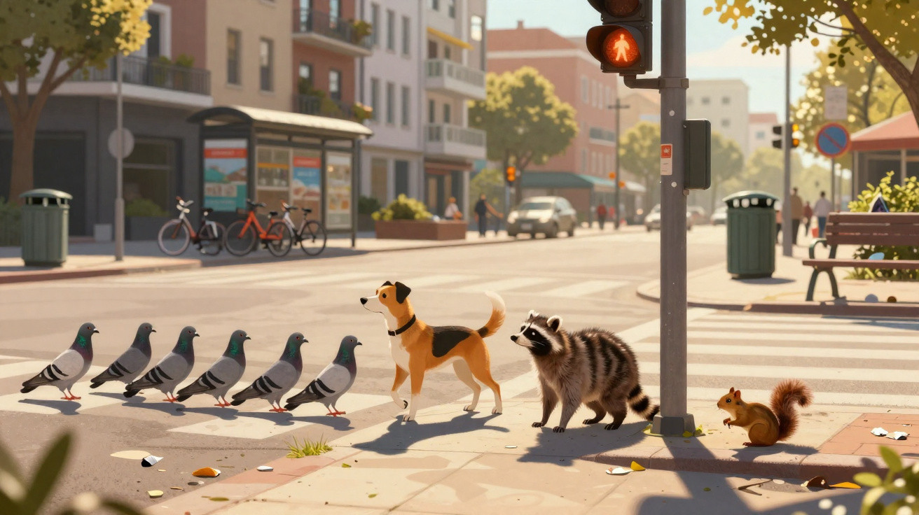 Galeria de animação na rua com pombos, cão, guaxinim e esquilo à espera para atravessar no sinal vermelho.