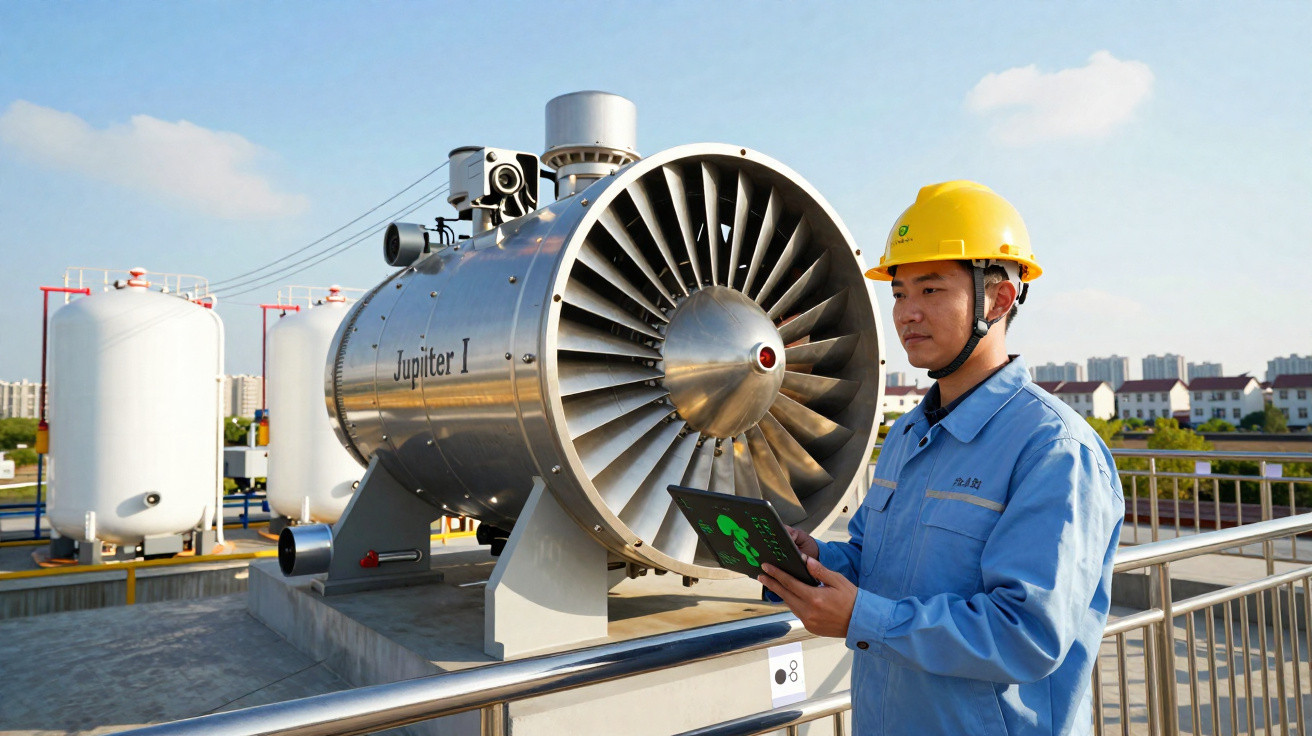 Engenheiro de segurança com capacete amarelo inspeciona turbina industrial na fábrica ao ar livre.