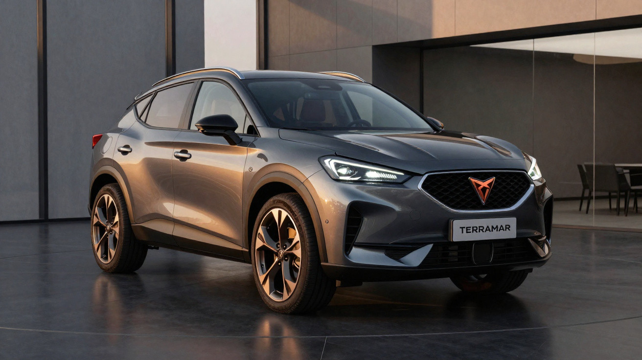 Carro SUV cinzento moderno estacionado em piso interior, com design elegante e faróis dianteiros acesos.