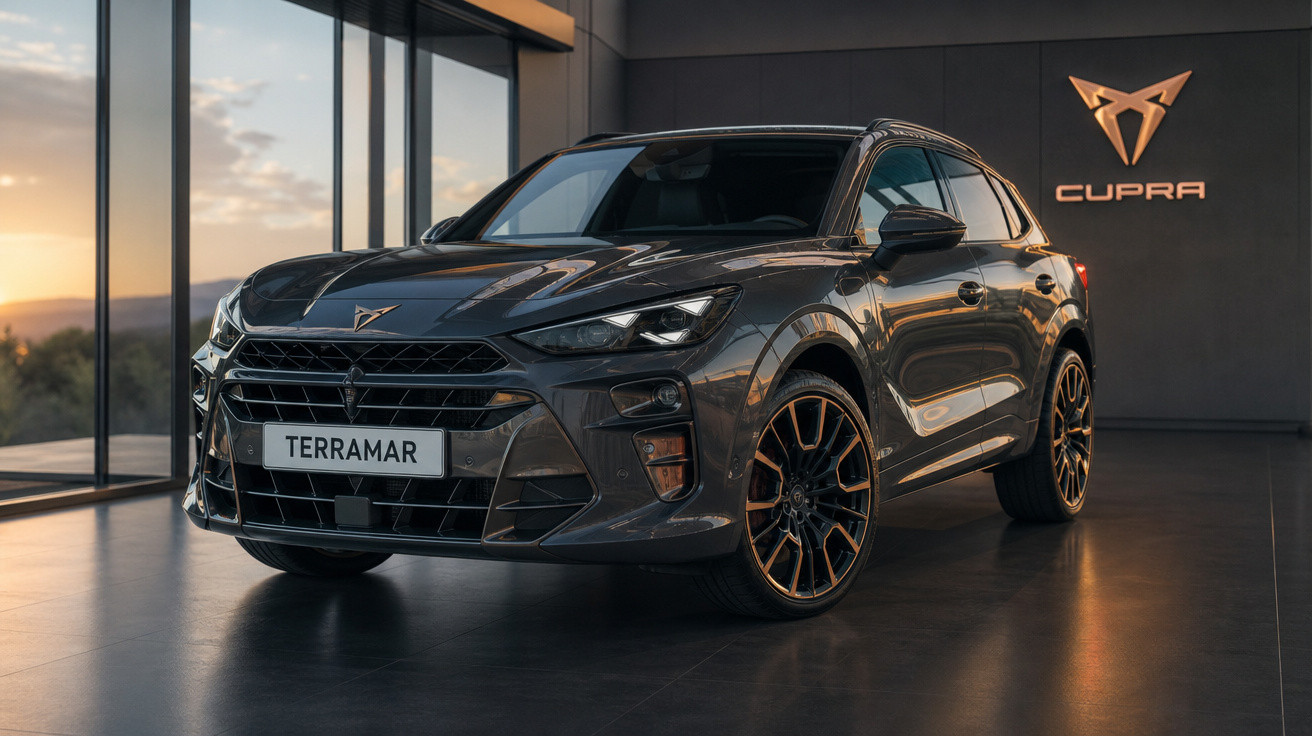 Carro cinzento escuro Cupra Terramar estacionado em showroom com iluminação suave ao pôr do sol.