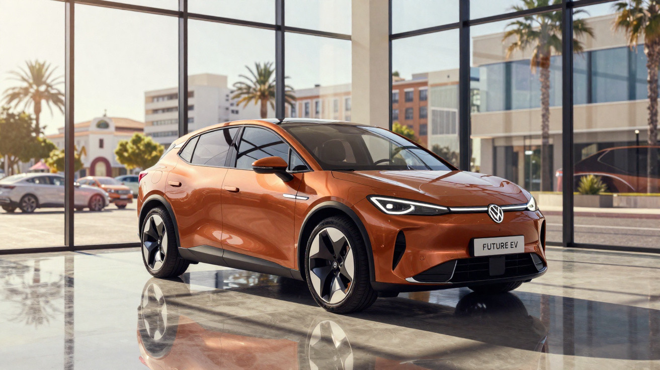 Carro elétrico Volkswagen futurista de cor laranja exposto numa garagem com janelas grandes e vista urbana.