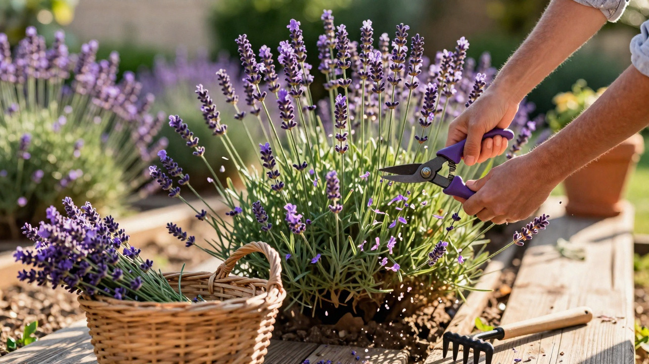 Pessoa a cortar flores de lavanda com tesoura de poda junto a cesta no jardim ao sol.
