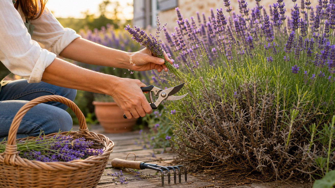 Pessoa a apanhar flores de lavanda num jardim com tesouras de poda e cesto de vime ao lado.