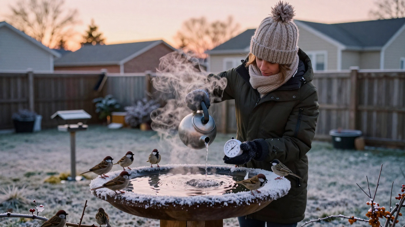 Pessoa com roupa de inverno a verter água quente numa bacia para pássaros numa manhã fria e nevada.