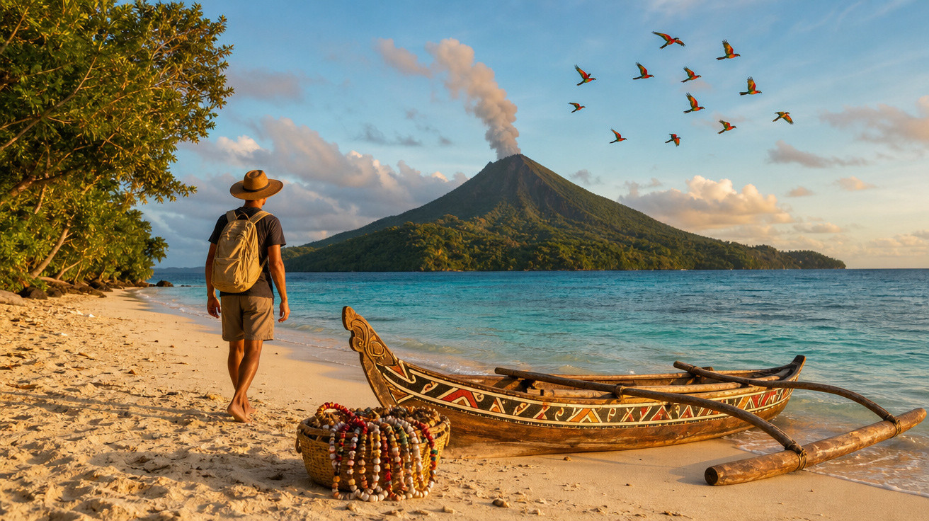 Praia com homem de mochila e chapéu, canoa tradicional, vulcão em erupção e aves a voar ao pôr do sol.