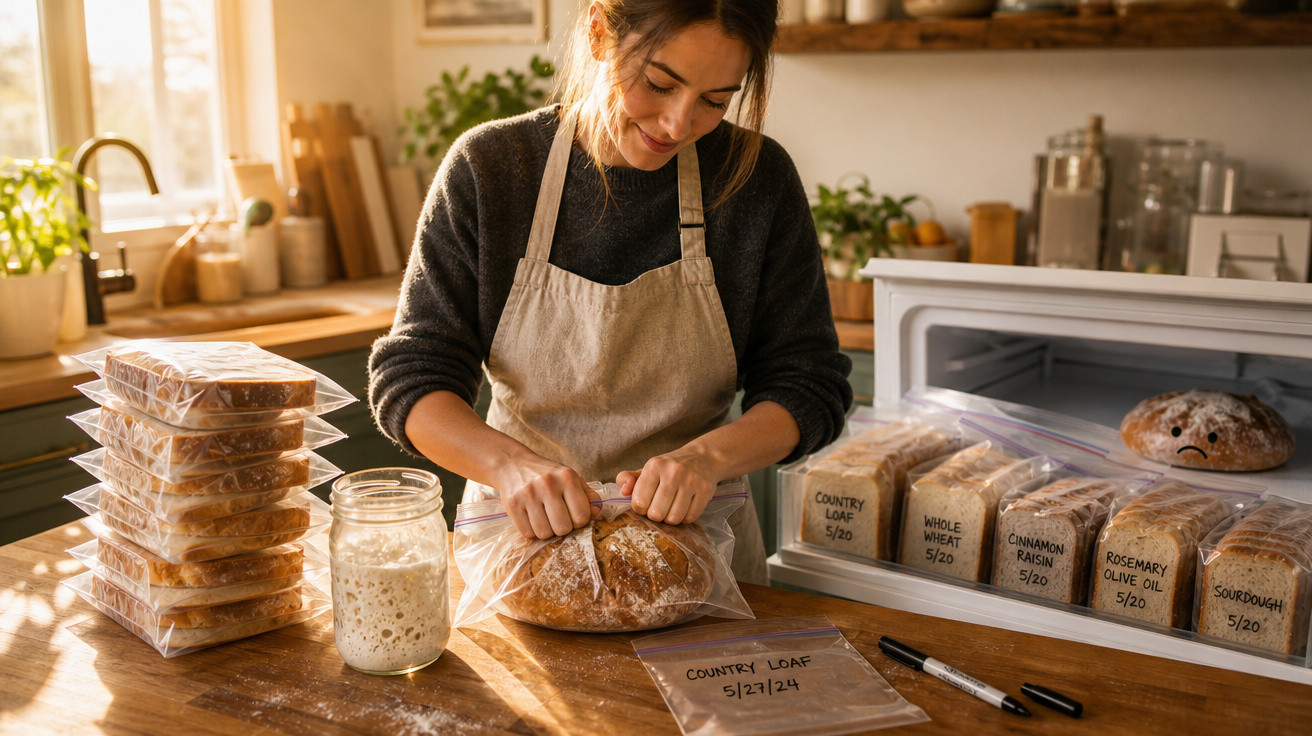 Mulher embala pão caseiro em saco plástico numa cozinha iluminada, com variedades de pão etiquetadas numa prateleira.