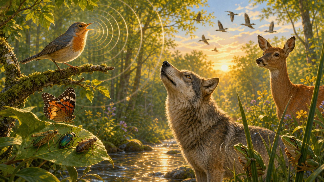 Cena natural ao pôr do sol com um pássaro a cantar, um lobo e uma corça a ouvir junto a um riacho.