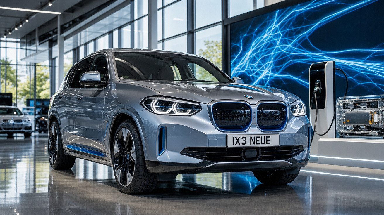 Carro elétrico BMW IX3 prata estacionado em showroom moderno com parede digital e posto de carregamento.