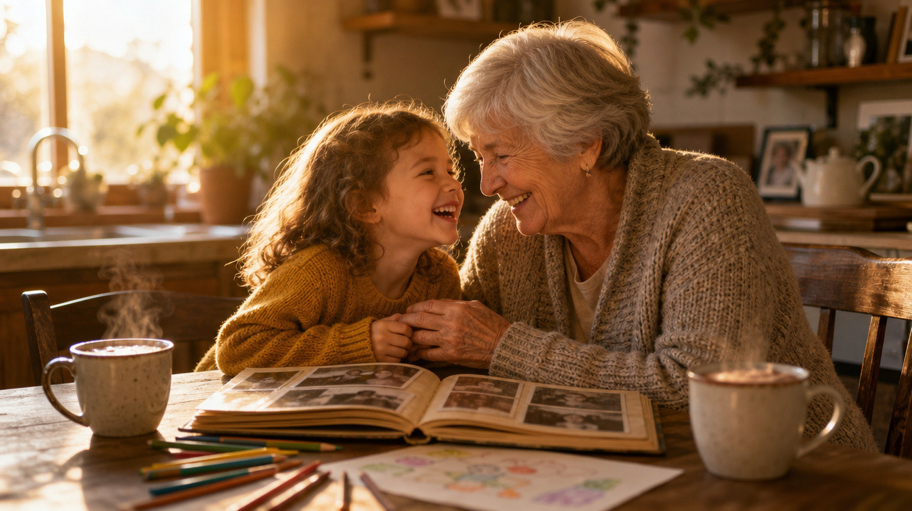 Avó e neta sorridentes partilham momento afetuoso à mesa com álbum de fotografias e lápis de cor.
