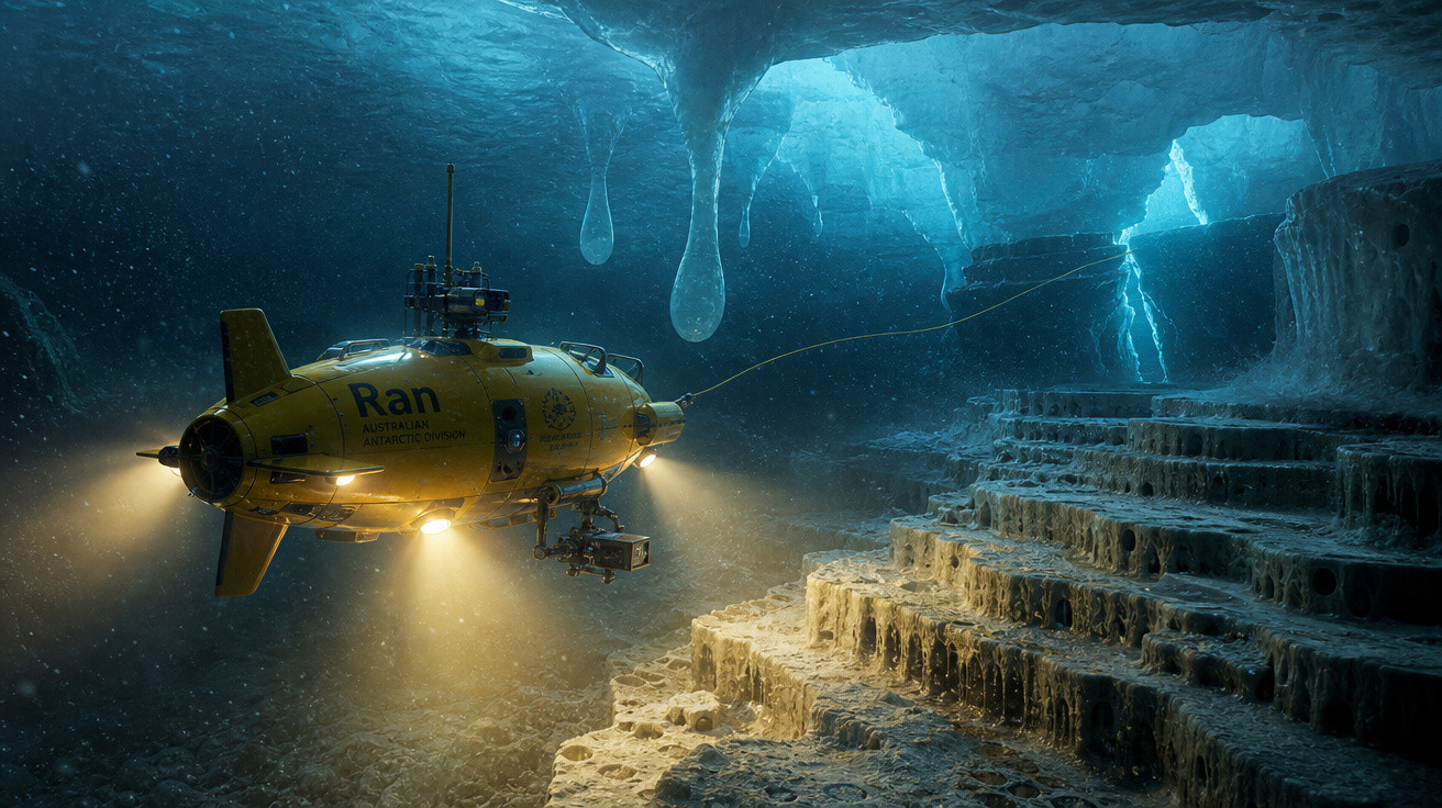 Submarino amarelo iluminando estrutura subaquática em caverna gelada com estalactites de gelo.