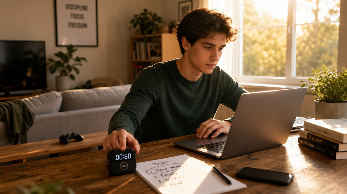 Homem a usar laptop numa mesa com lista de tarefas e temporizador digital numa sala iluminada pelo sol.