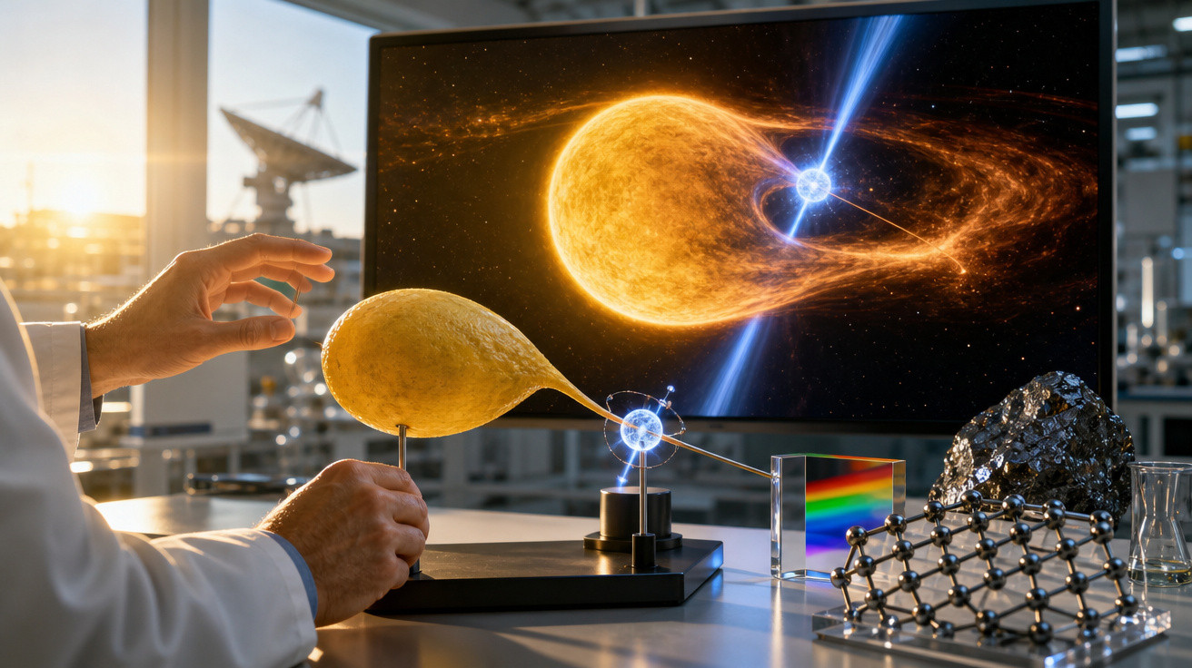 Investigador em laboratório segurando modelo de estrela à frente de ecrã com imagem de estrela e feixe de energia.