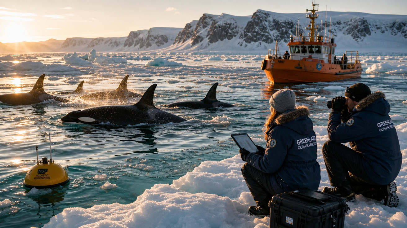 Duas pessoas da Greenpeace observam e fotografam orcas em águas geladas com navio laranja ao fundo.