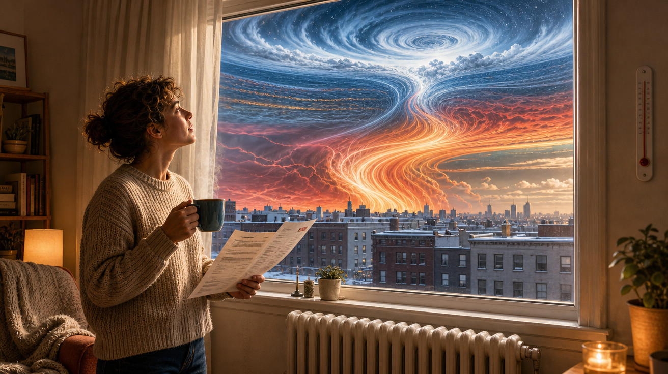 Mulher com chá na mão olha pela janela para céu com nuvens e redemoinho luminoso sobre a cidade ao pôr do sol.