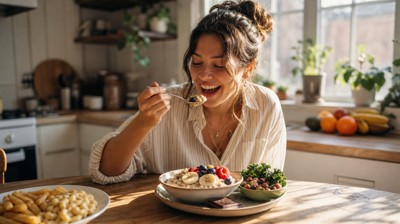 Mulher sorridente a comer uma taça de aveia com frutas frescas ao pequeno-almoço numa cozinha iluminada.