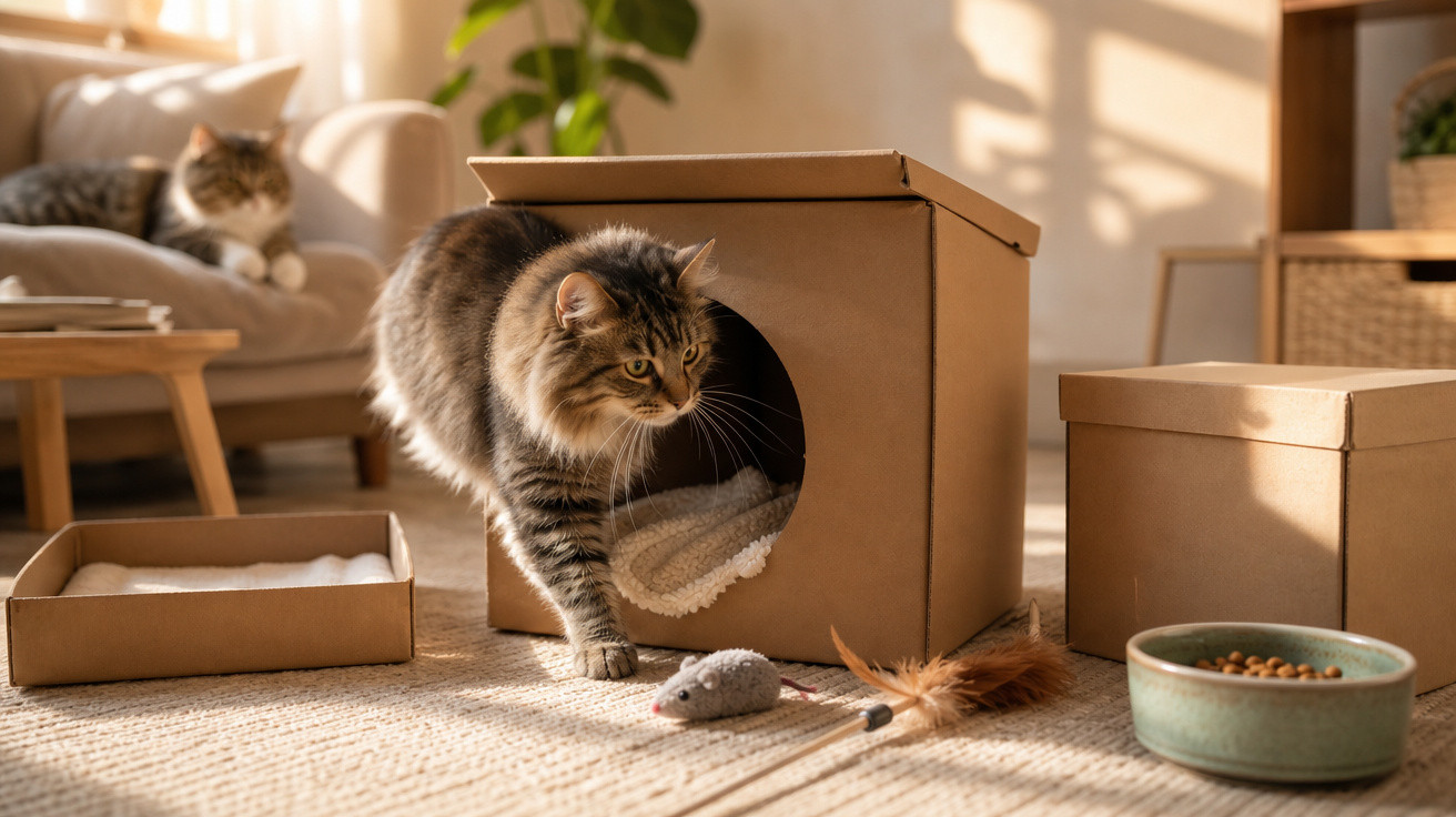 Gato a sair de uma casa de cartão rodeado por brinquedos e comida, com outro gato ao fundo no sofá.