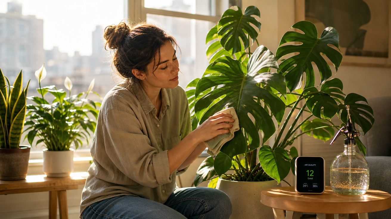 Mulher limpa folhas de planta Monstera numa sala com luz natural e várias plantas em vasos.