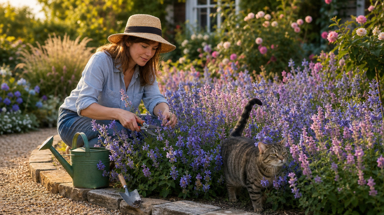 Mulher a podar flores lilases num jardim com gato junto a ela ao entardecer.
