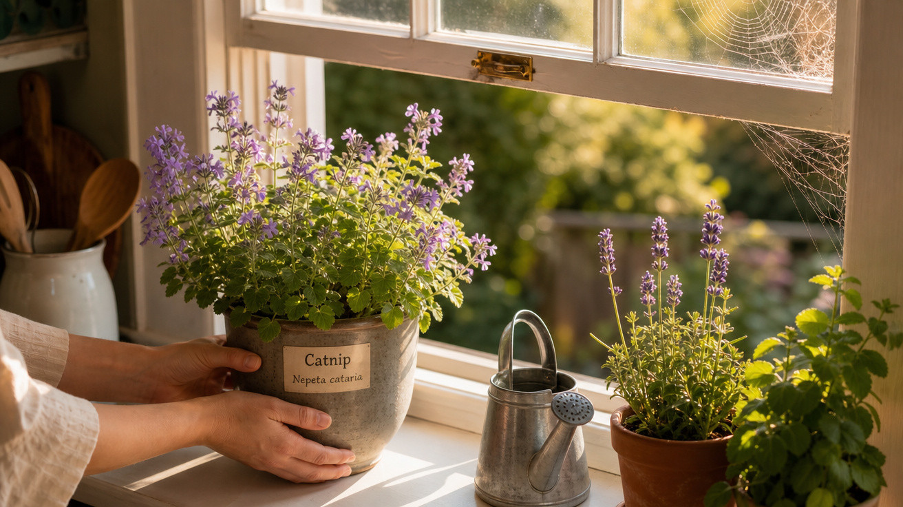 Mãos a colocar vaso de catnip com flores lilases numa janela iluminada pelo sol com regador e teia de aranha.