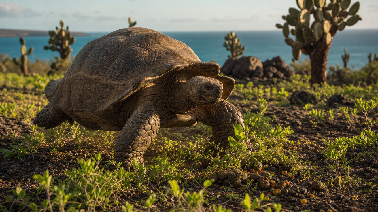Tartaruga gigante a caminhar numa área com vegetação rasteira e cactos, com o mar ao fundo.