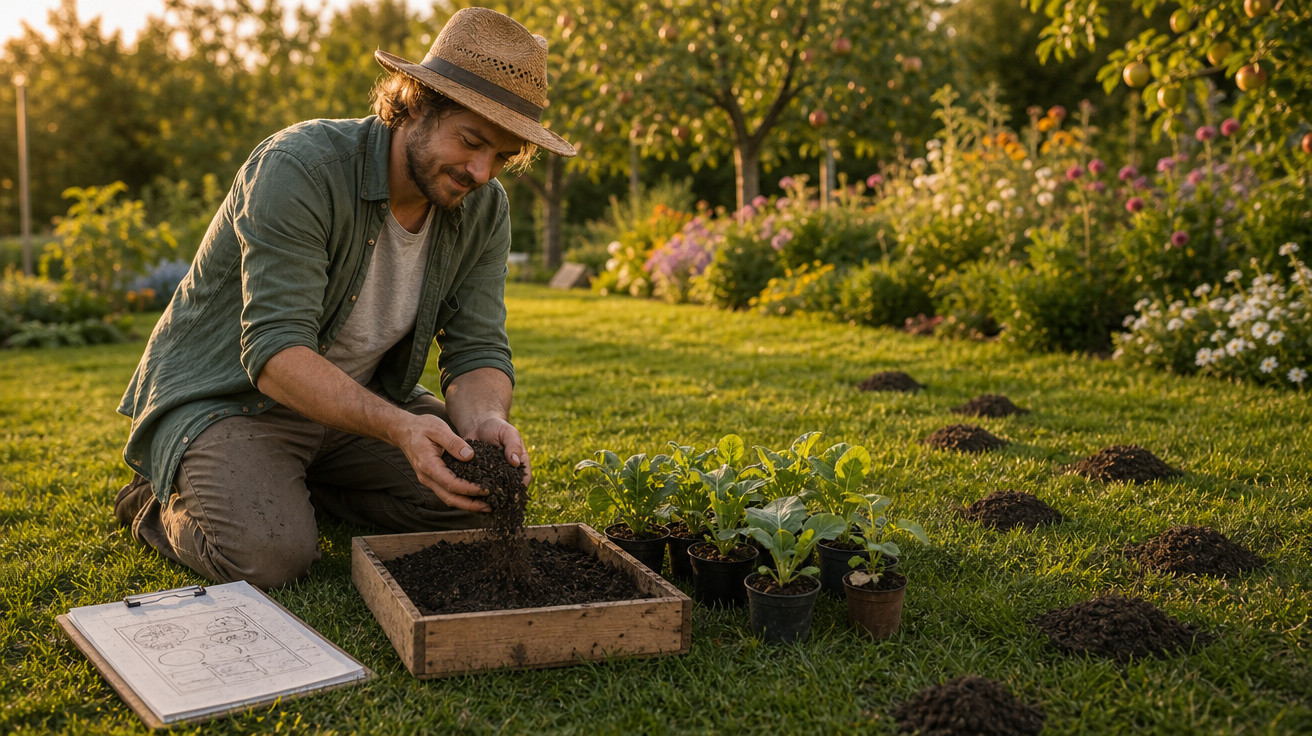 Homem com chapéu a plantar mudas em caixa de madeira num jardim ao ar livre ao pôr do sol.