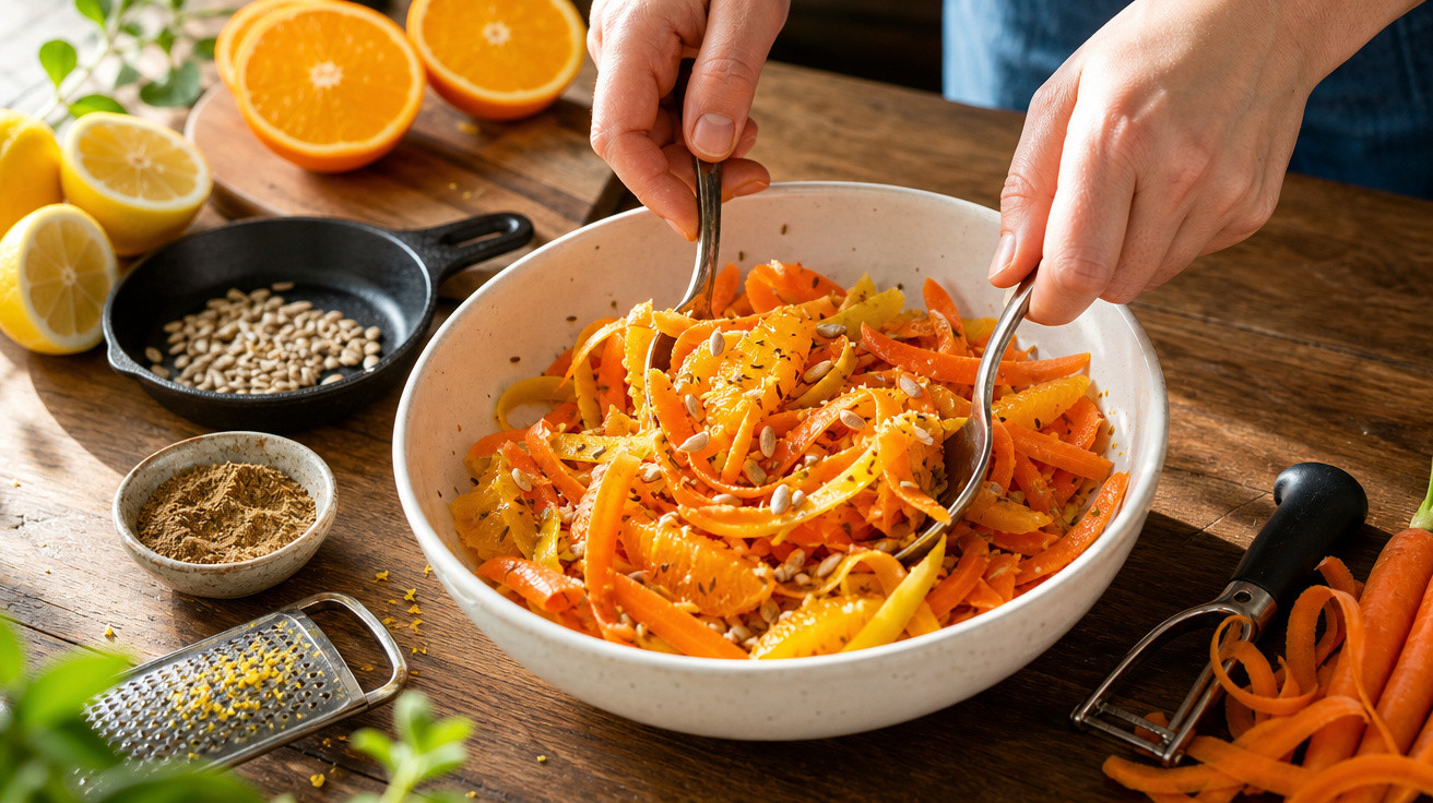 Pessoa a preparar salada de cenoura e laranja com sementes e especiarias numa tigela branca.