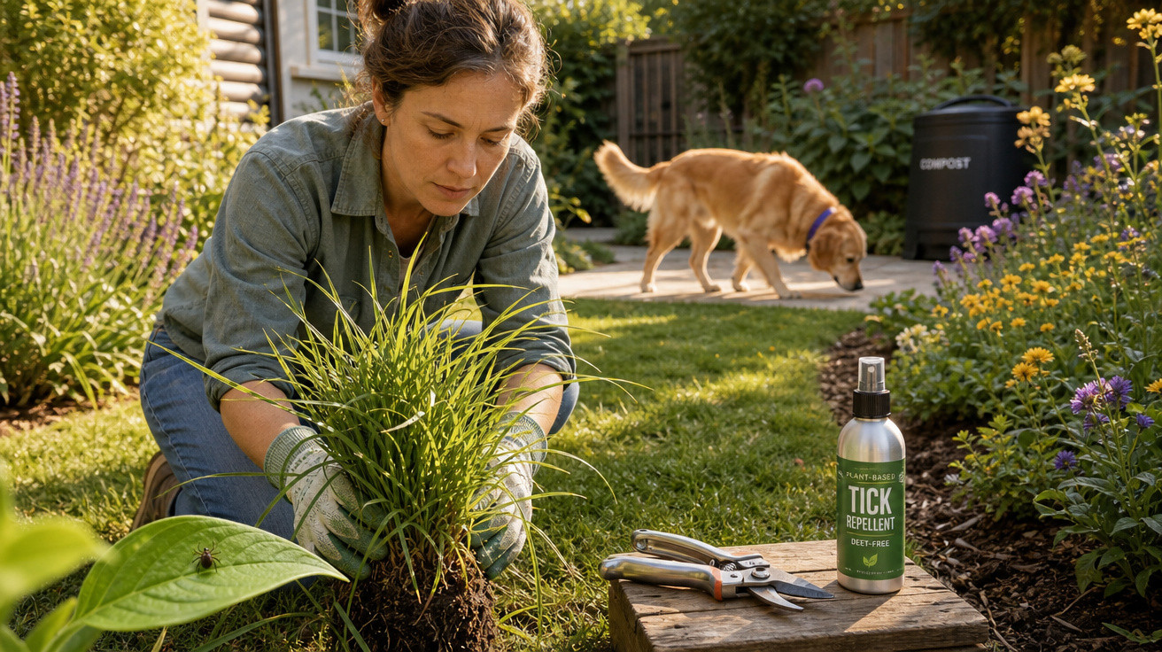 Mulher a jardinar com luvas, plantando erva na terra, cão ao fundo e repelente de carraças junto a ferramentas.