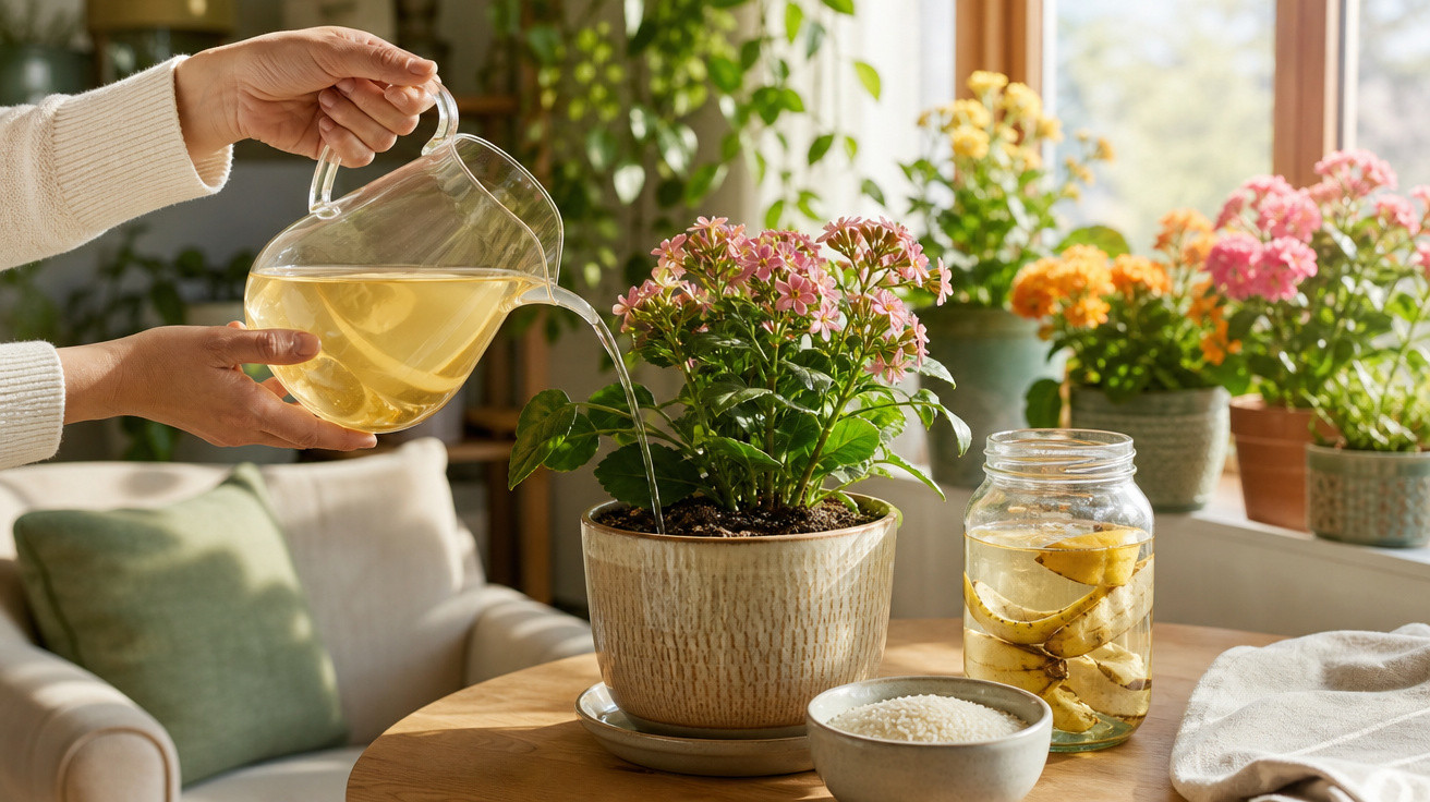 Pessoa a regar planta florida em vaso no interior junto a jarro com cascas de banana e recipiente com arroz.