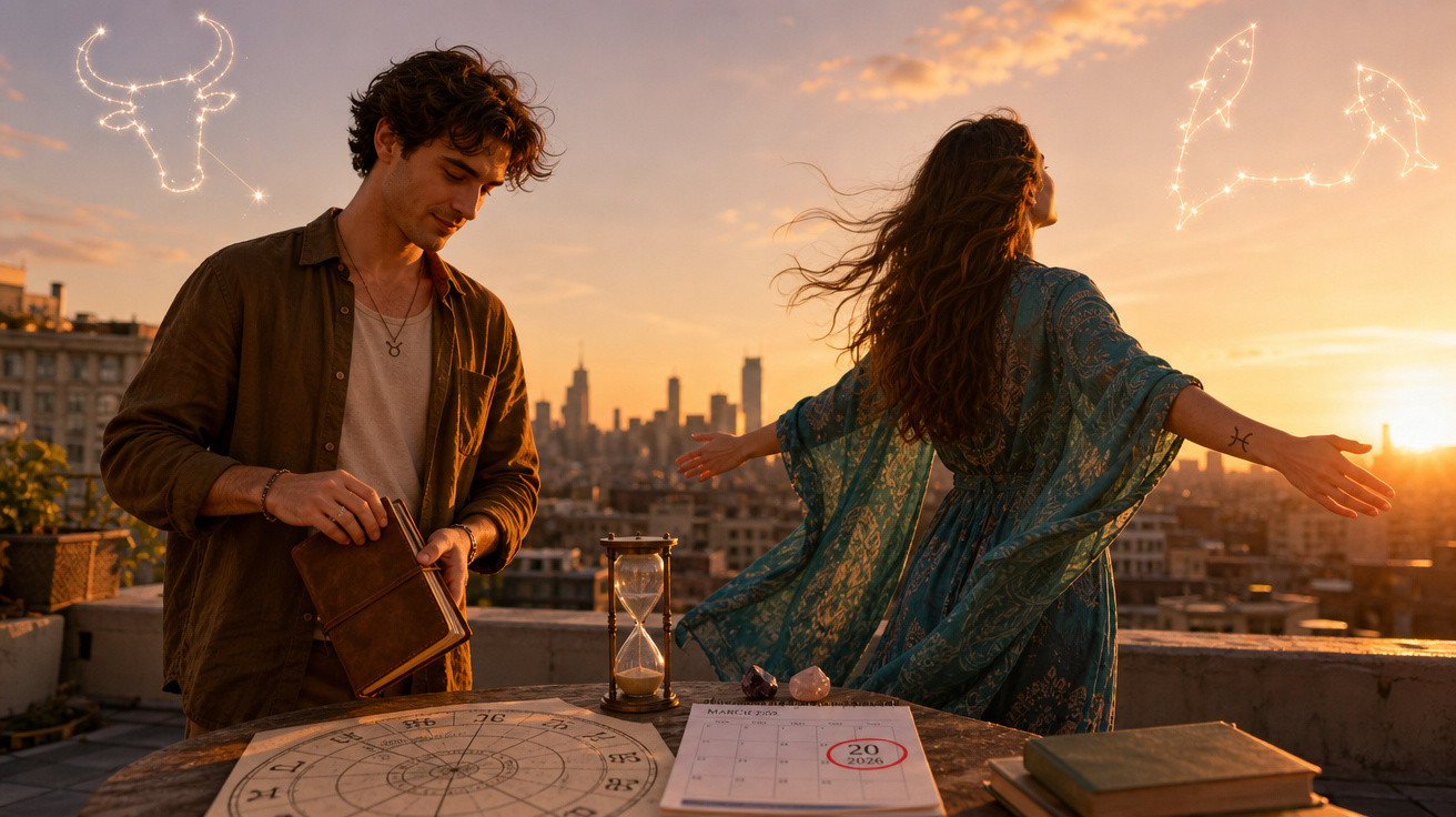 Jovem casal num terraço ao pôr-do-sol com mapa astral, ampulheta e constelações visíveis no céu.