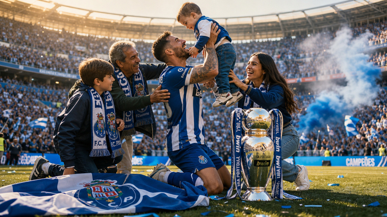Jogador do FC Porto celebra título com família no estádio, com troféu da Liga Portugal ao lado e adeptos ao fundo.