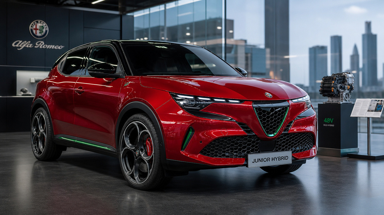 Carro Alfa Romeo Junior Hybrid vermelho exposto em showroom moderno com vista para edifícios urbanos.