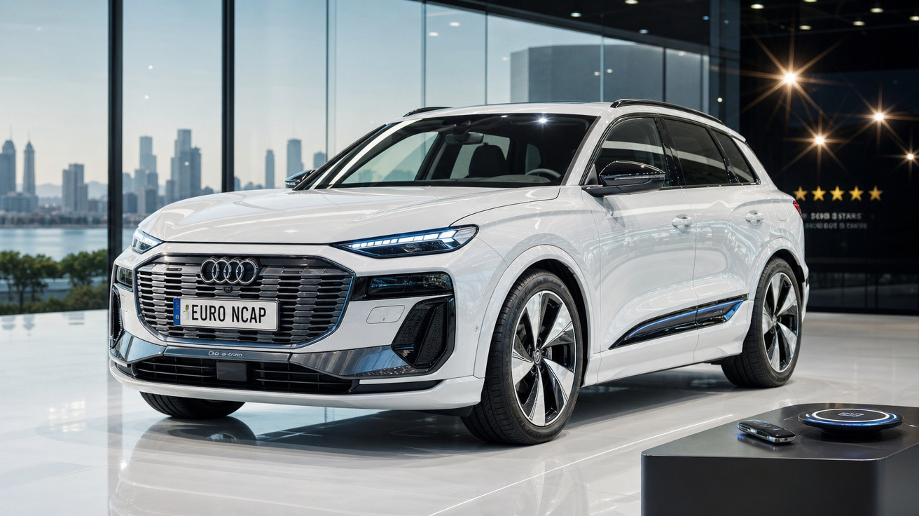 Audi Q4 e-tron elétrico branco estacionado em showroom moderno com vista urbana ao fundo.