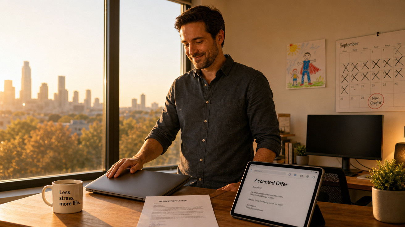 Homem a fechar portátil numa mesa com carta de demissão e tablet a mostrar oferta aceite, numa sala iluminada.