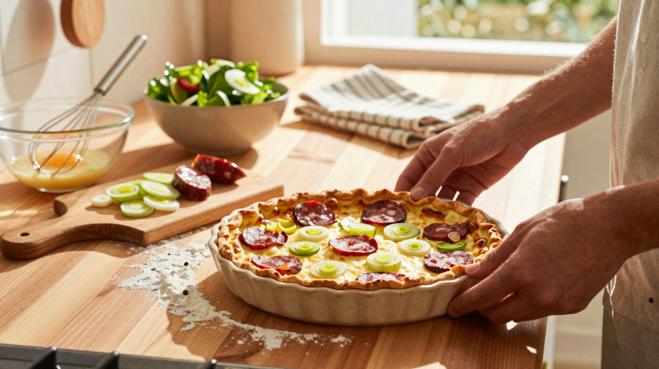 Pessoa a segurar tarteira com quiche de chouriço e curgete numa cozinha iluminada a luz natural.