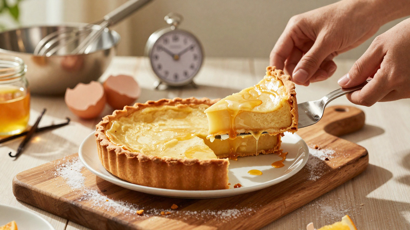 Mãos a servir fatia de tarte de limão com doce a escorrer, sobre prato branco e madeira.