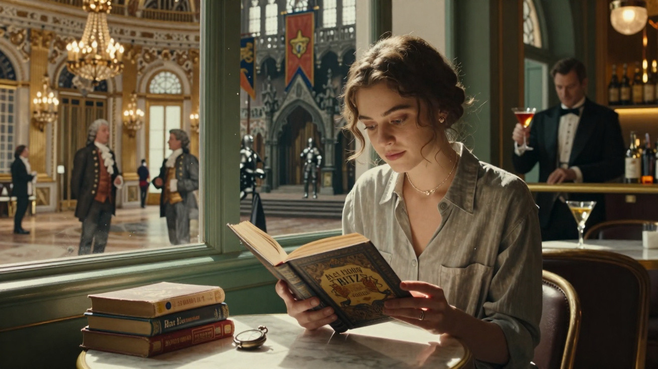 Mulher jovem sentada a ler um livro num café elegante com decoração clássica e bar ao fundo.